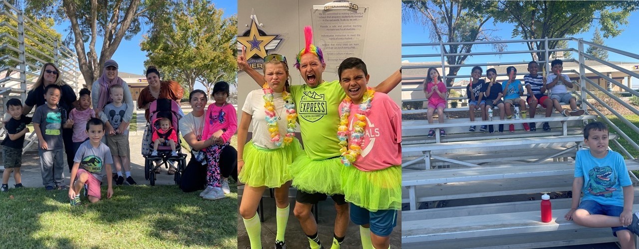 Students and teachers gathered together after the jog a thon to take group photos. Principal, school president and school vice president dressed in neon and yellow tutus making funny faces.